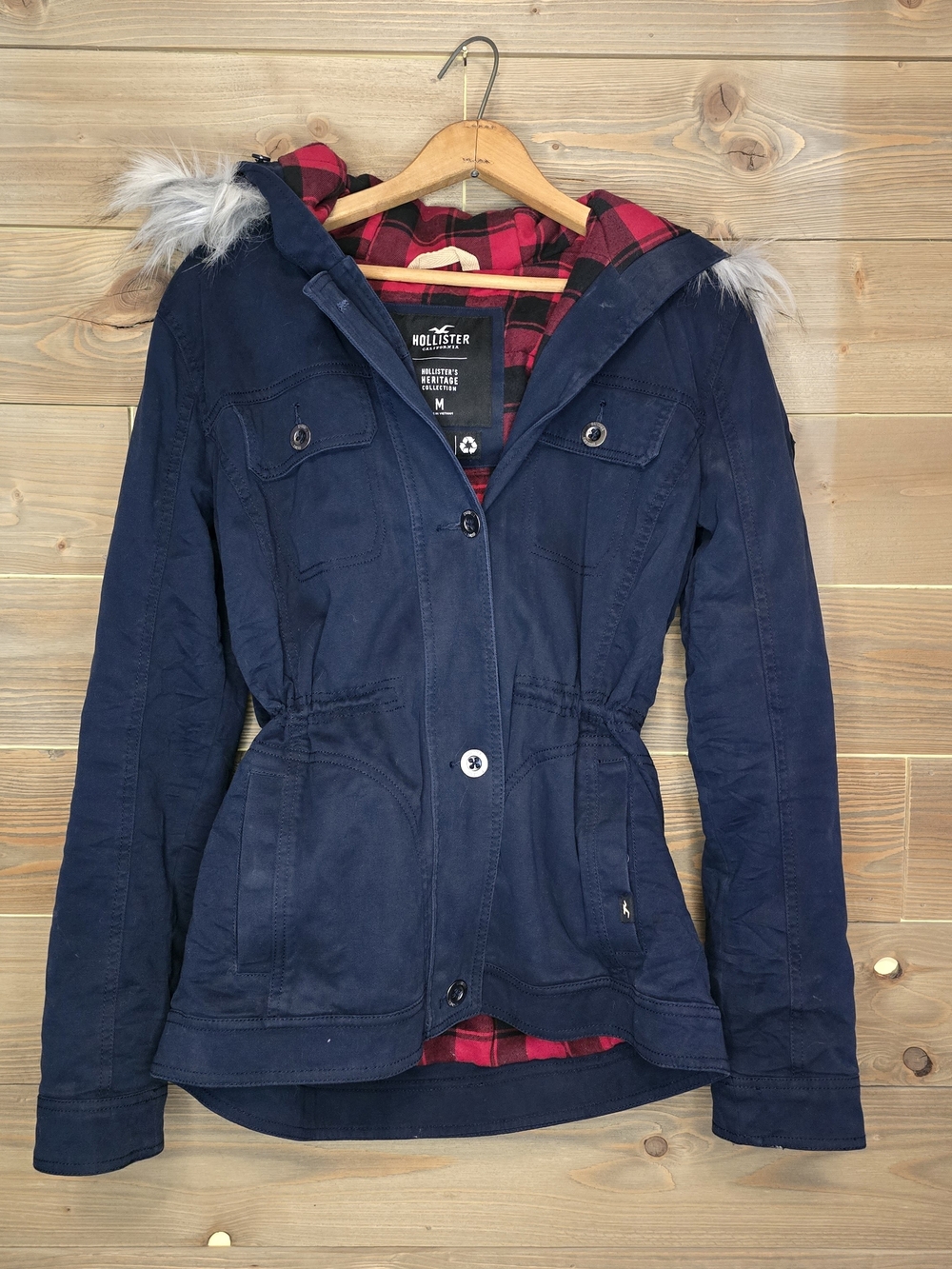 Hollister Women's Navy Hooded Parka Jacket with Faux Fur Trim